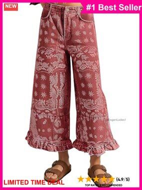 Floral Print Wide Leg Ruffle Hem Ankle Denim Jeans